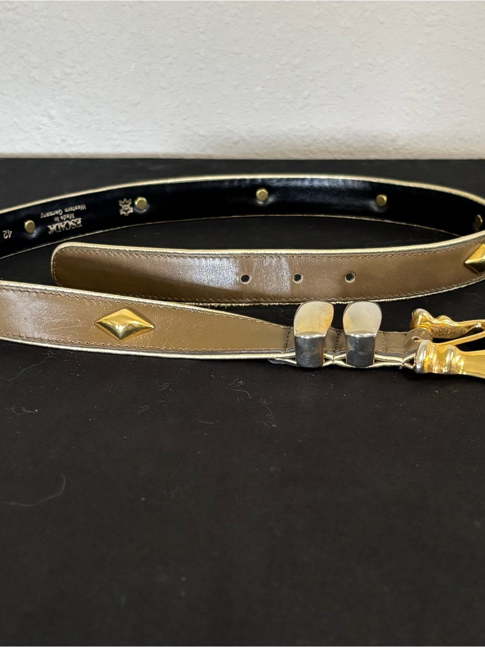 Vintage ESCADA Western Germany Studded Leather Belt Gold Tone Buckle Size 42